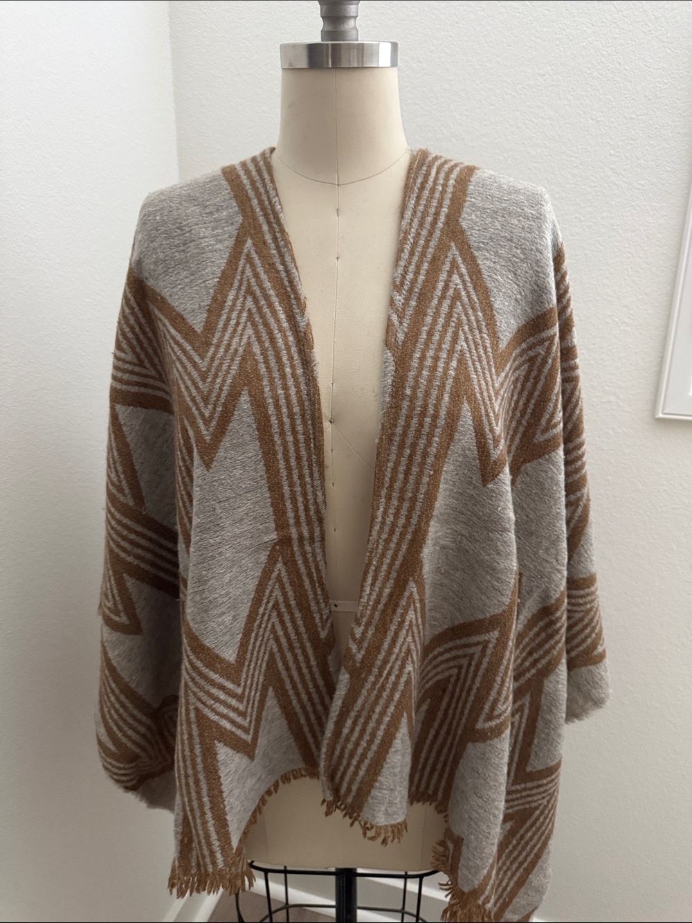 Maje Taupe and Camel Geometric Open-Front Poncho